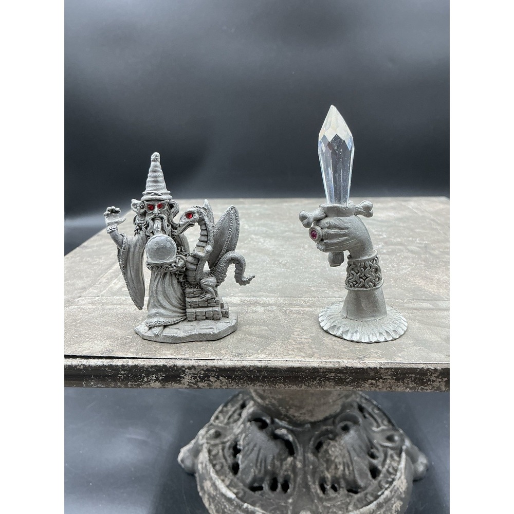Vtg Spoontiques Pewter Fantasy Figurine Lot Wizard Dragon Hand Crystal Sword